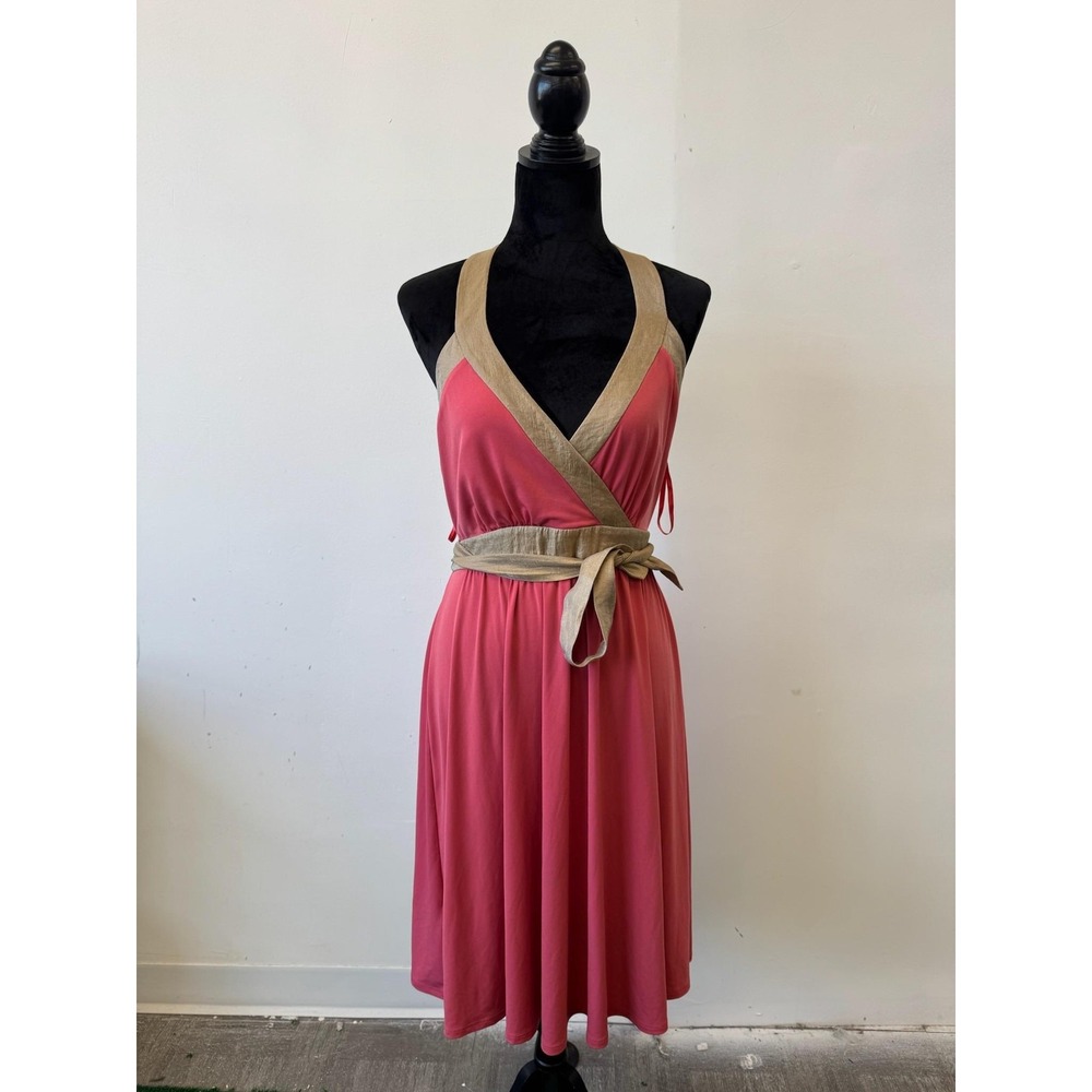 BCBG Paris Dress Womens 10 Pink Halter Wrap V Neck Tie Waist A-Line Cocktail Y2K